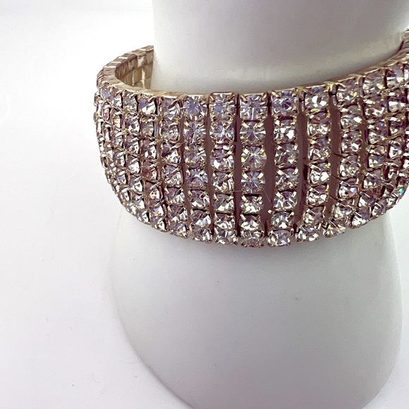 Elegant Silver Toned Rhinestone Crystal Wide Cuff Bracelet - Picture 2 of 5